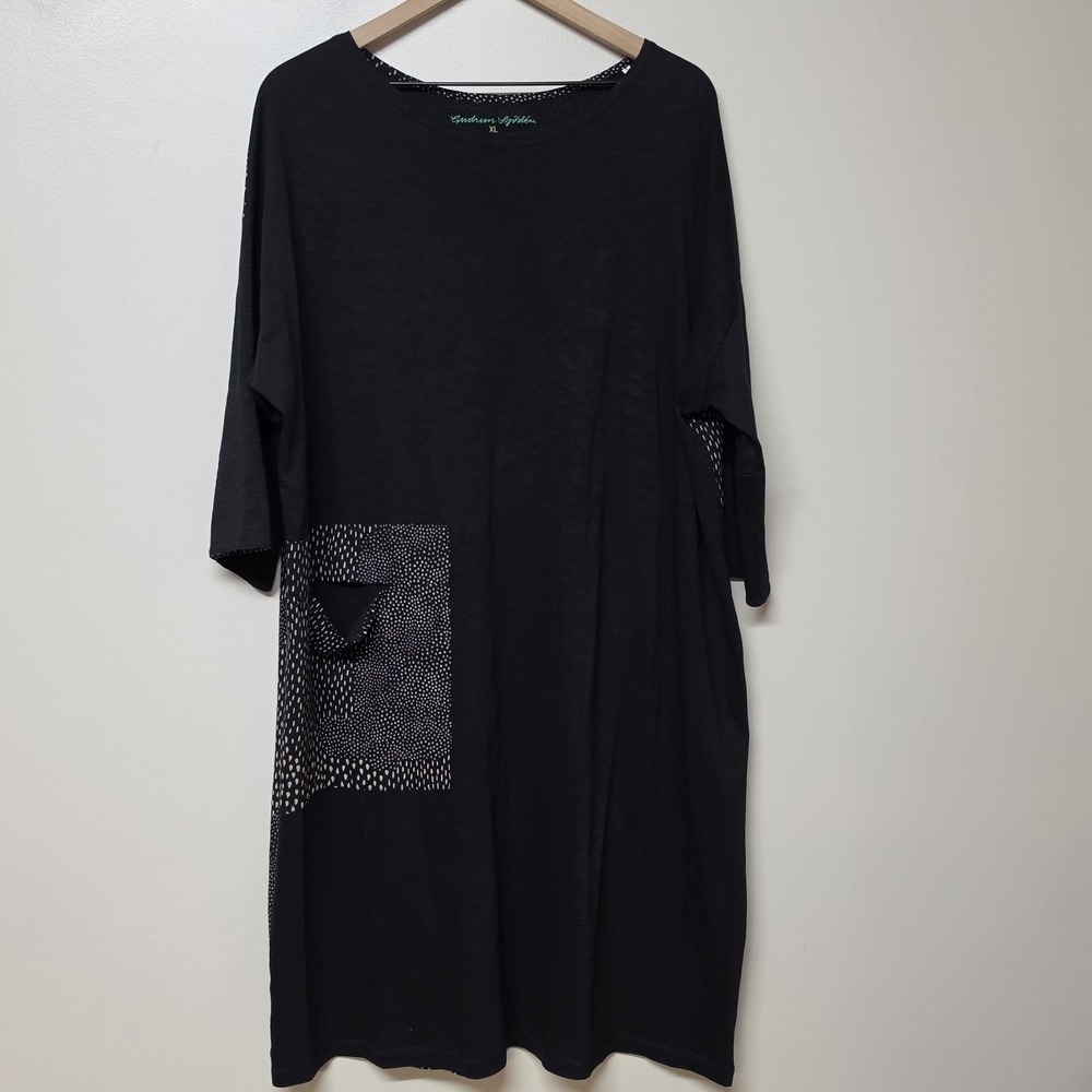 GUDRUN SJODEN Black Dotted Pockets 3/4 Sleeve A-Line Midi Dress Size XL Artsy
